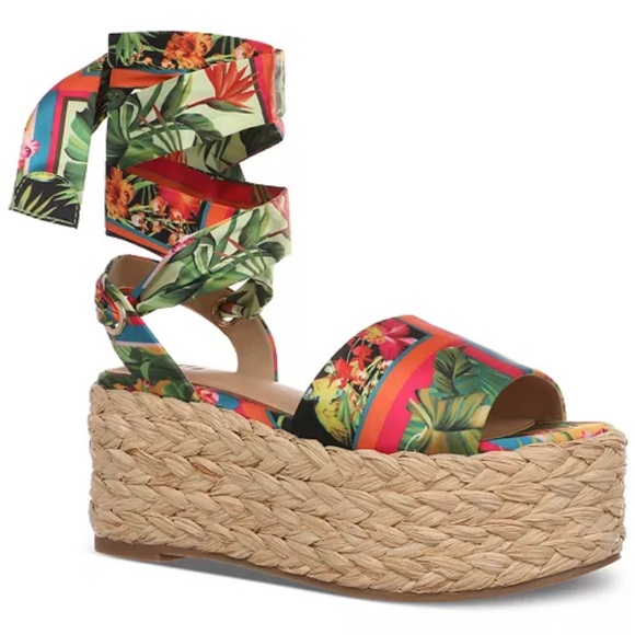INC International Concepts Shoes - 🤩 INC Women's Ribbon Wrap Wedge Sandals, with tropical print. Size 10.